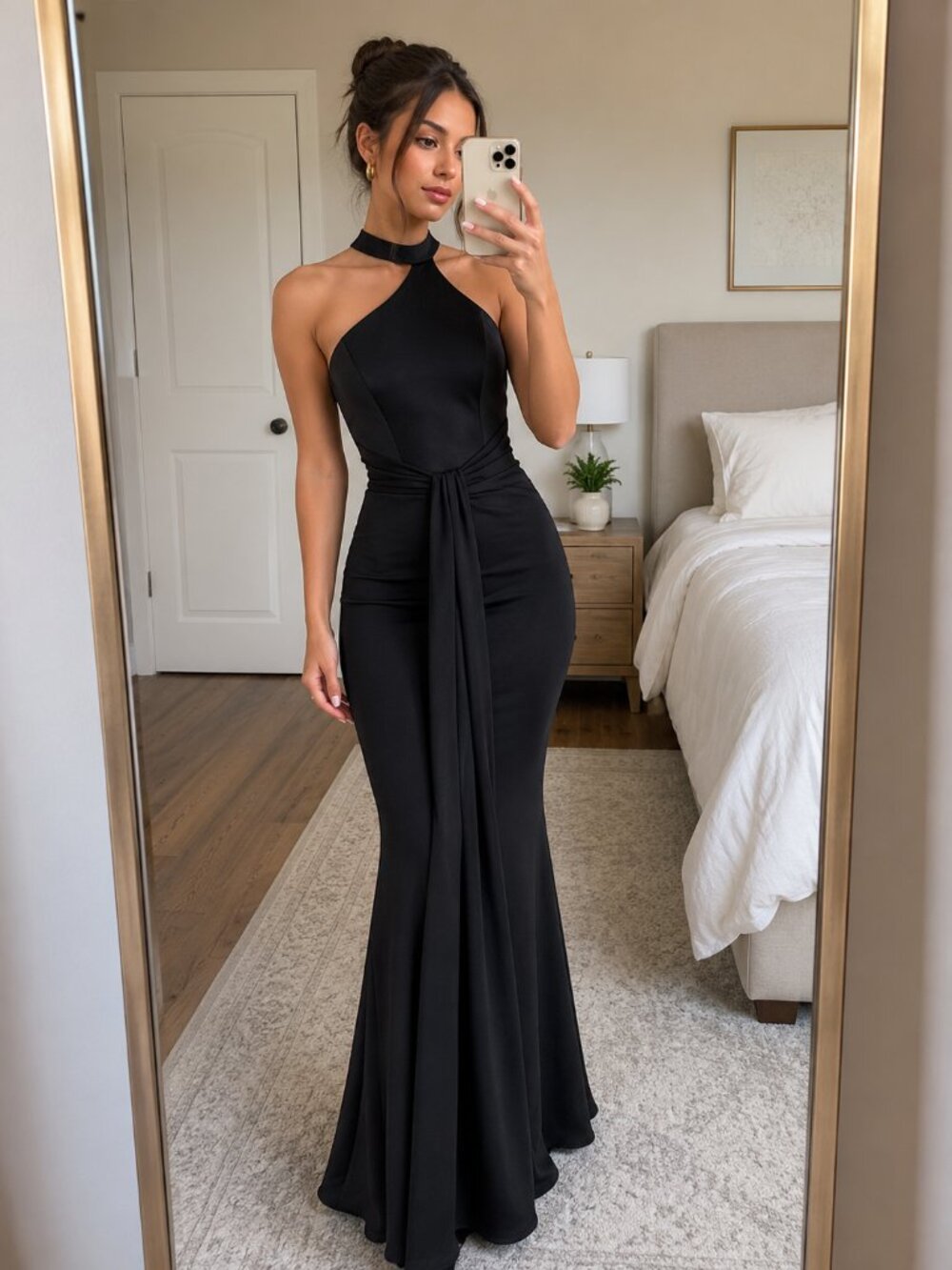 AOSHABABI Women's Cocktail Dresses Elegant Black Satin Halter size xsmall